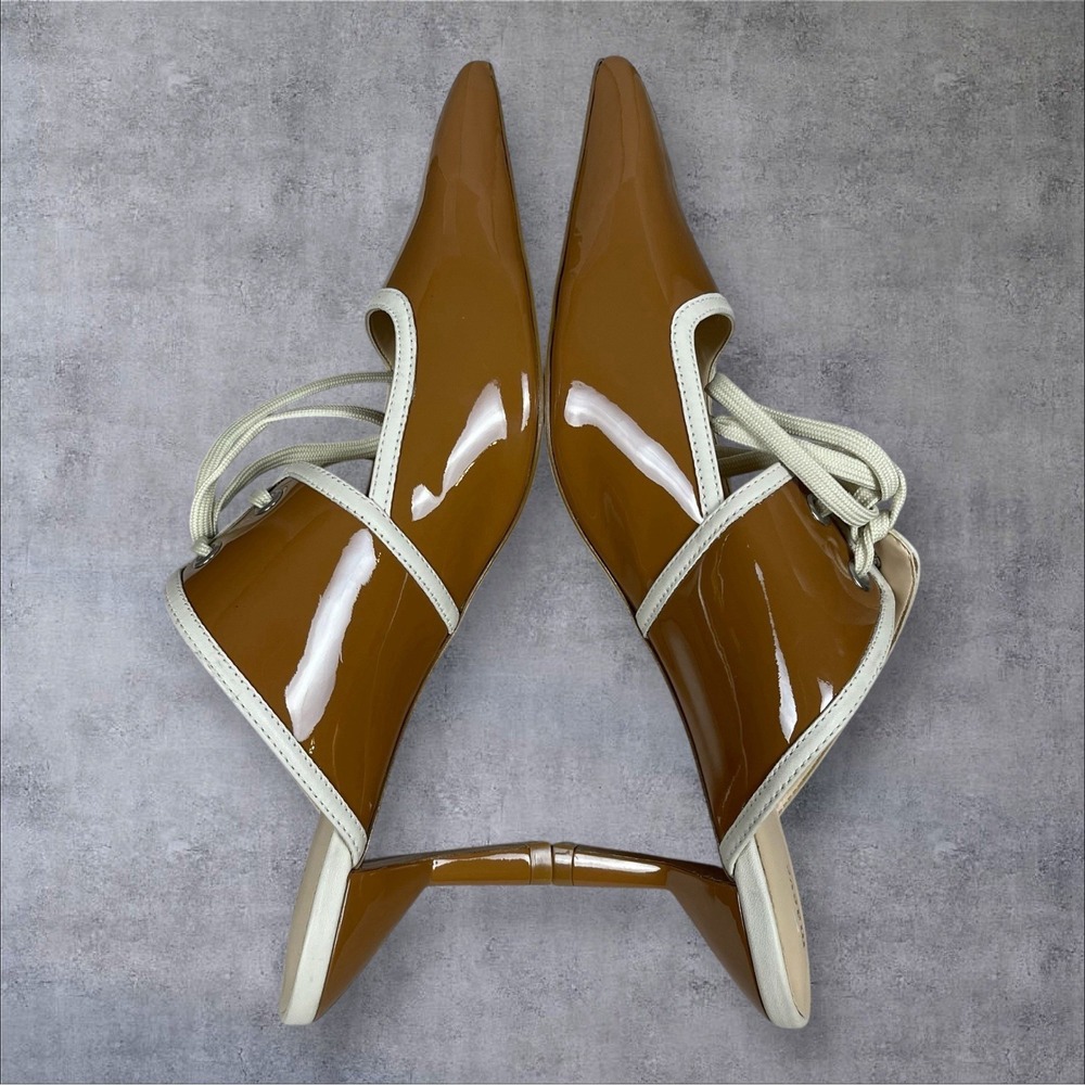 Anthropologie Maeve Contrast Lace Up Kitten Heel Mules Glossy Brown Womens 9 - Picture 4 of 9
